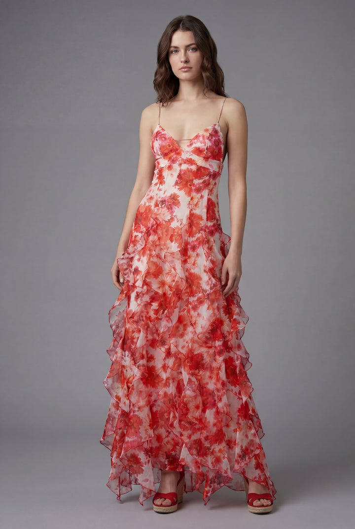 Elegant women's ruffled floral maxi dress for summer style