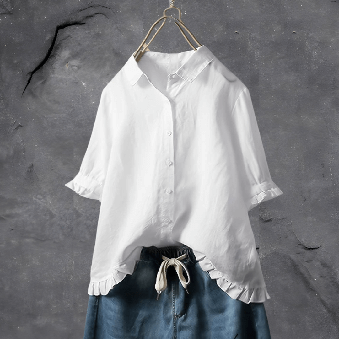 Dark blue plus size women's button-front blouse with an elegant ruffled hem and short sleeves. Perfect for workwear.
