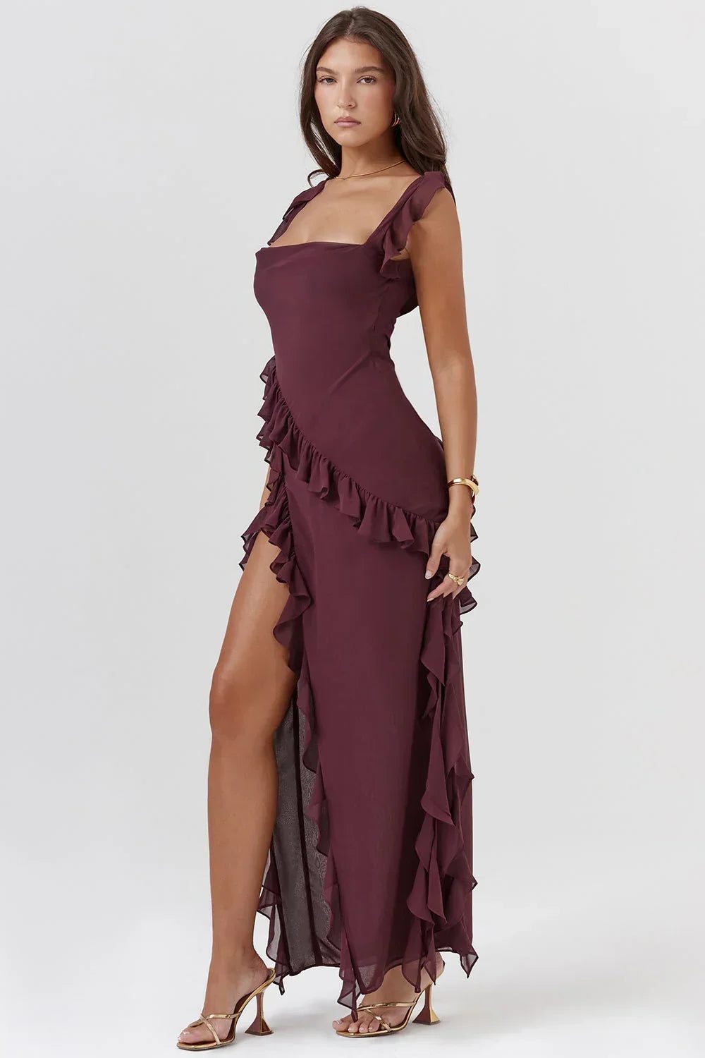 Elegant women's ruffled maxi dress for wedding guests, formal parties, and special occasions.