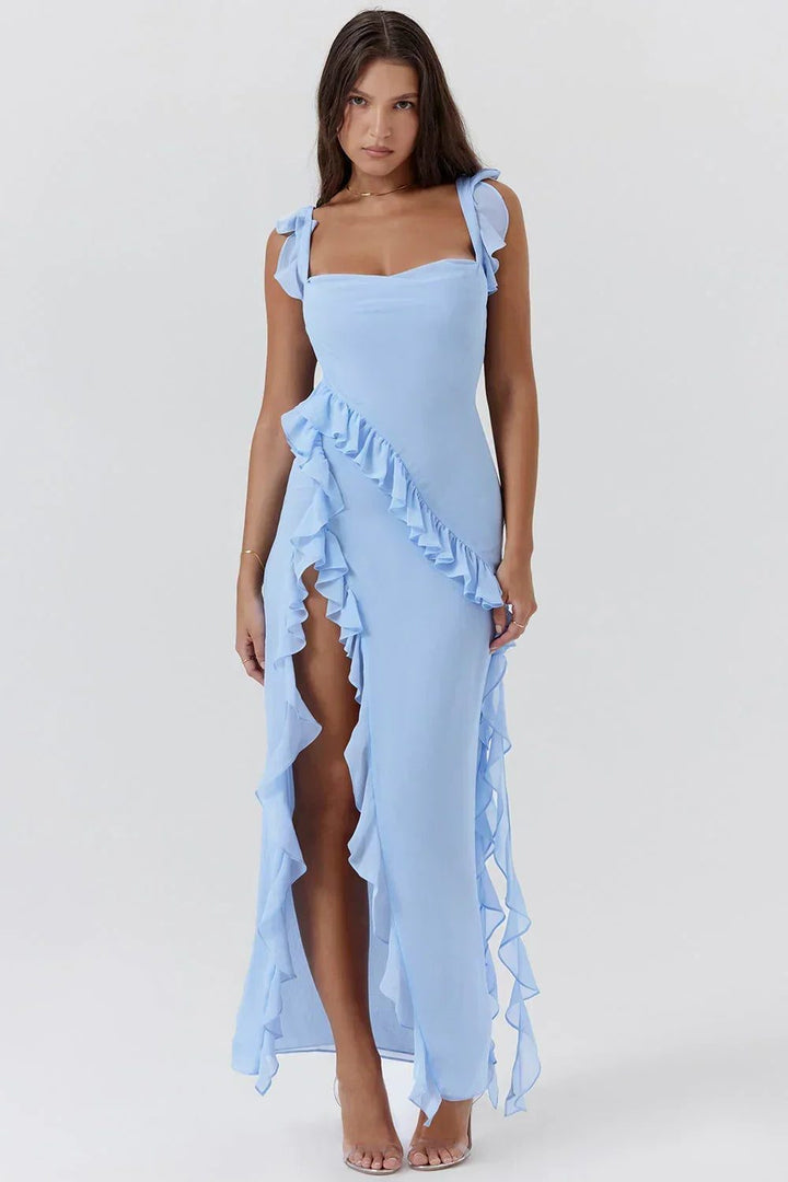 Formal women's square neck ruffled maxi dress, perfect as an elegant wedding guest or evening party outfit.
