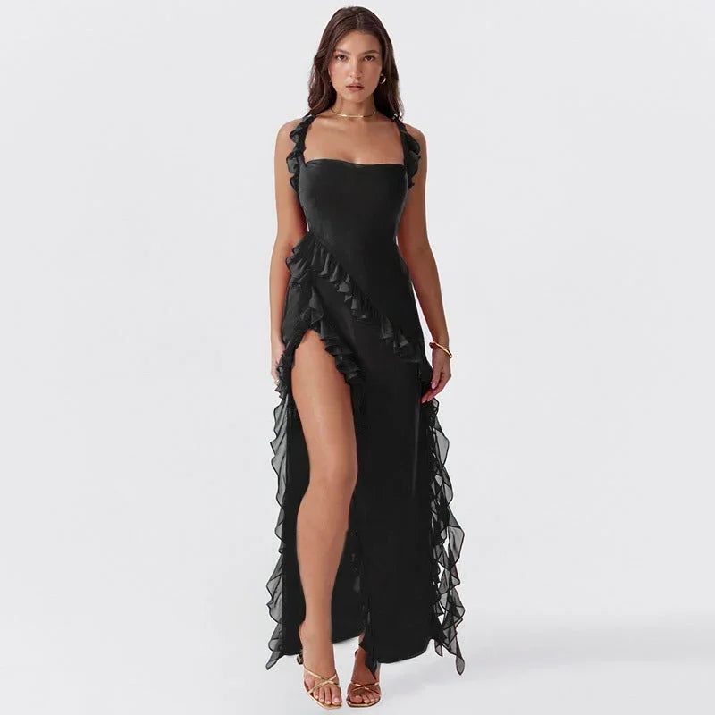 Long elegant women's maxi dress with delicate ruffles, ideal for wedding guest attire & evening events.