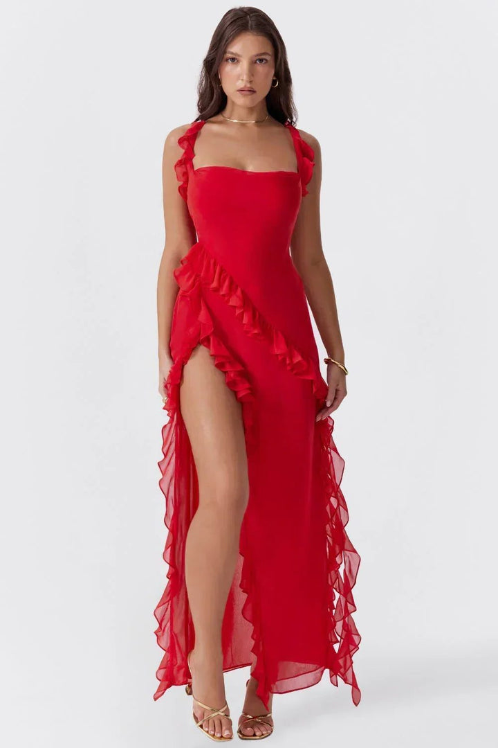 Women's elegant long maxi dress with ruffles, a perfect formal evening gown for wedding guests.