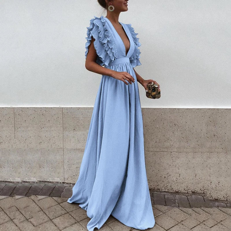 Elegant women's ruffled maxi dress with a flowing silhouette, perfect for formal events & evening parties.
