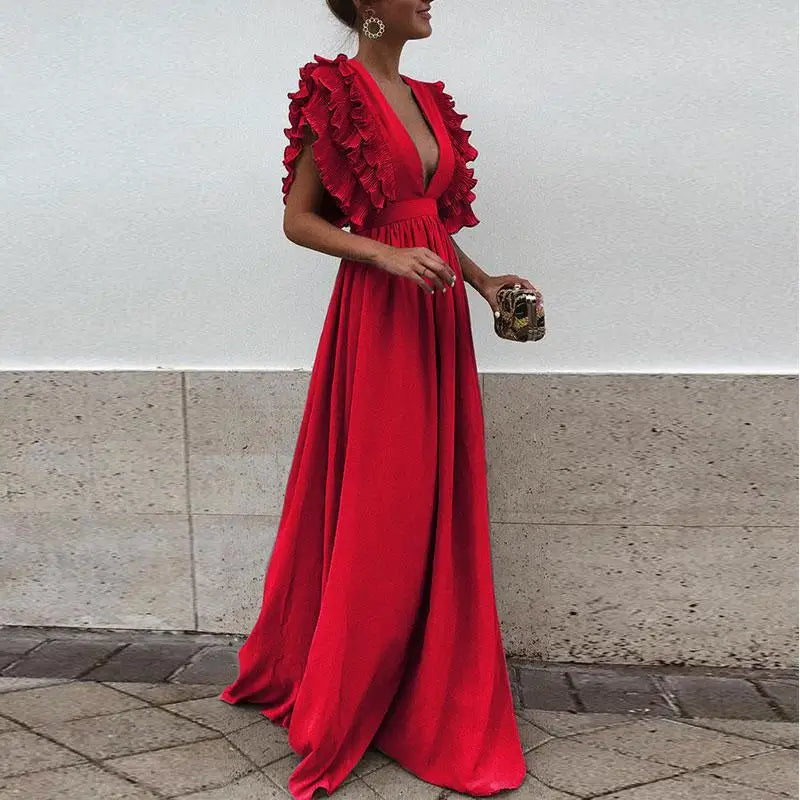 Long formal party dress for women, elegant ruffled design & comfortable fit. Ideal for evening or special occasions.