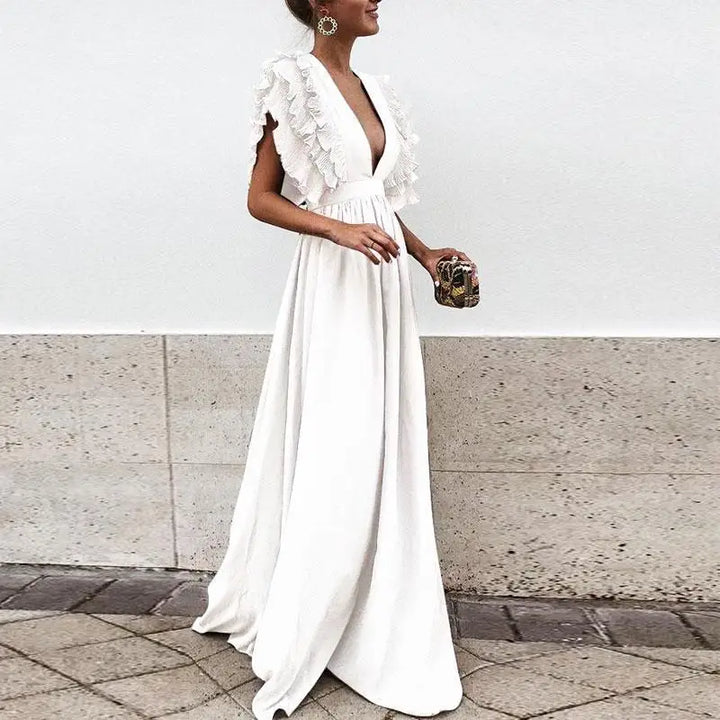 Beautiful women's elegant ruffled maxi dress. A versatile long flowy gown for comfortable wear at parties & events.
