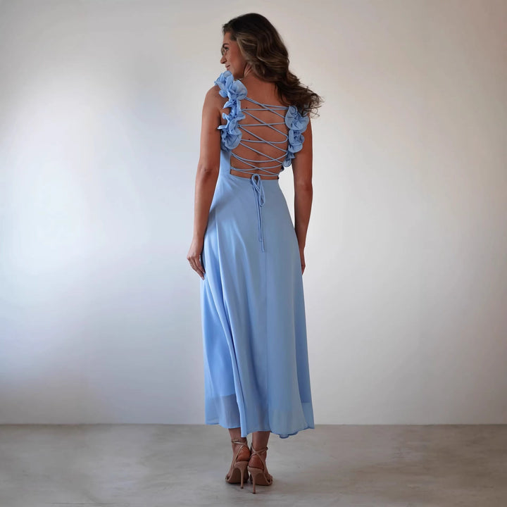 Sleeveless square neck maxi dress with elegant ruffled shoulders. Women's A-line formal wear, ideal for weddings.