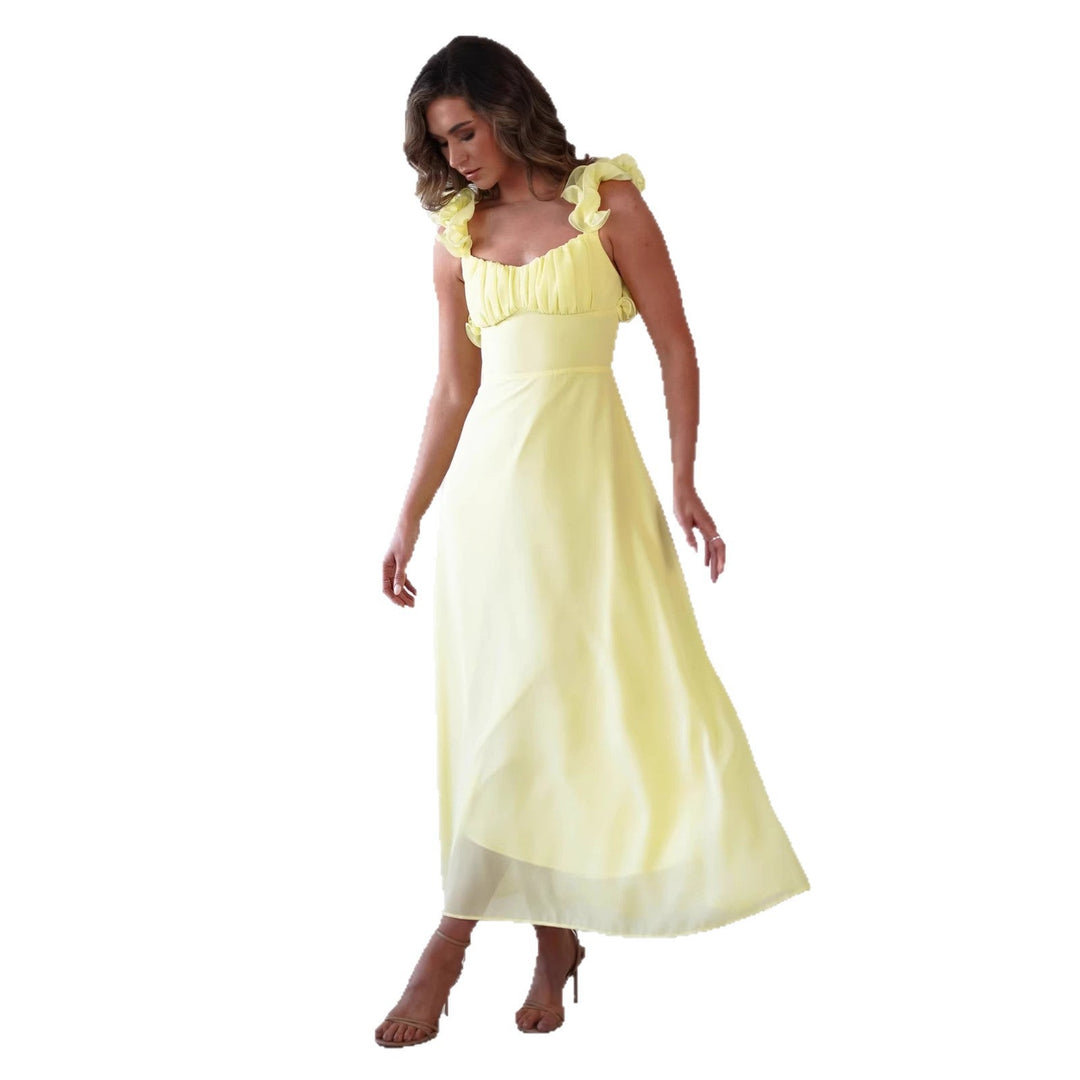 Women's elegant ruffled shoulder maxi dress, A-line formal wear. Perfect sleeveless square neck wedding guest attire.