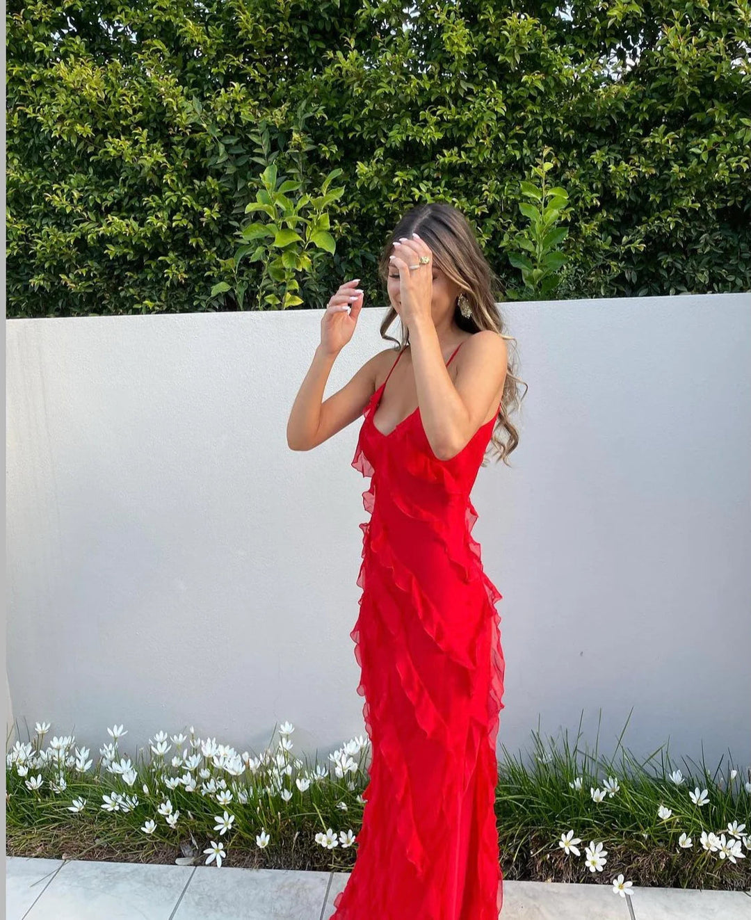 Women's formal evening gown, a ruffled V-neck maxi dress for elegant parties & cocktails.