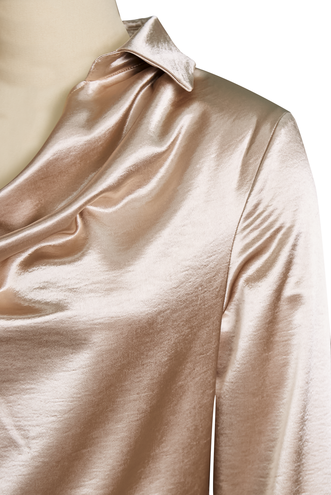 Smooth satin long-sleeve blouse for women, boasting a sophisticated draped neckline for an elegant look.