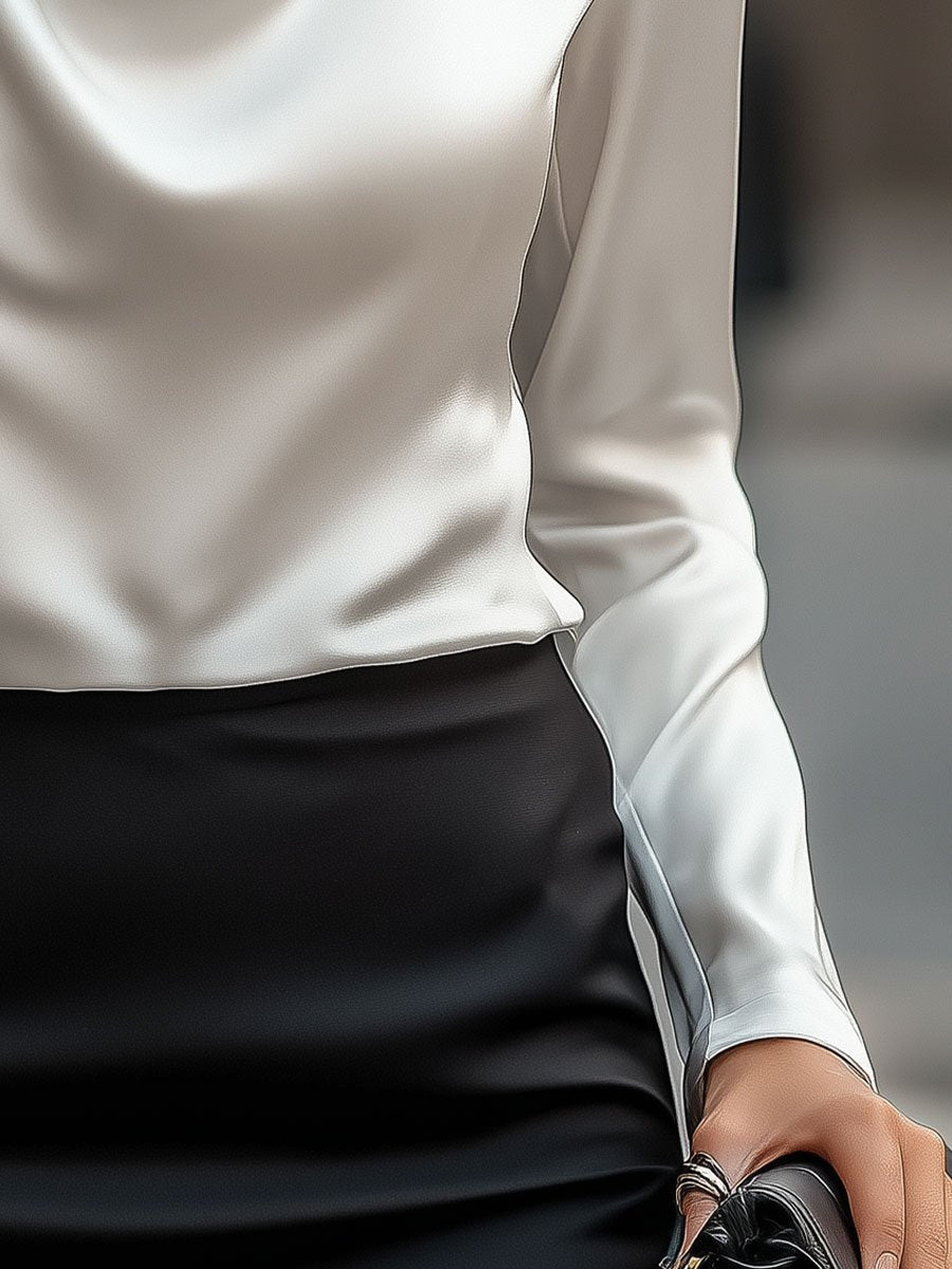 Versatile women's draped neck satin blouse, suitable for workwear, formal occasions, or elegant daily wear.