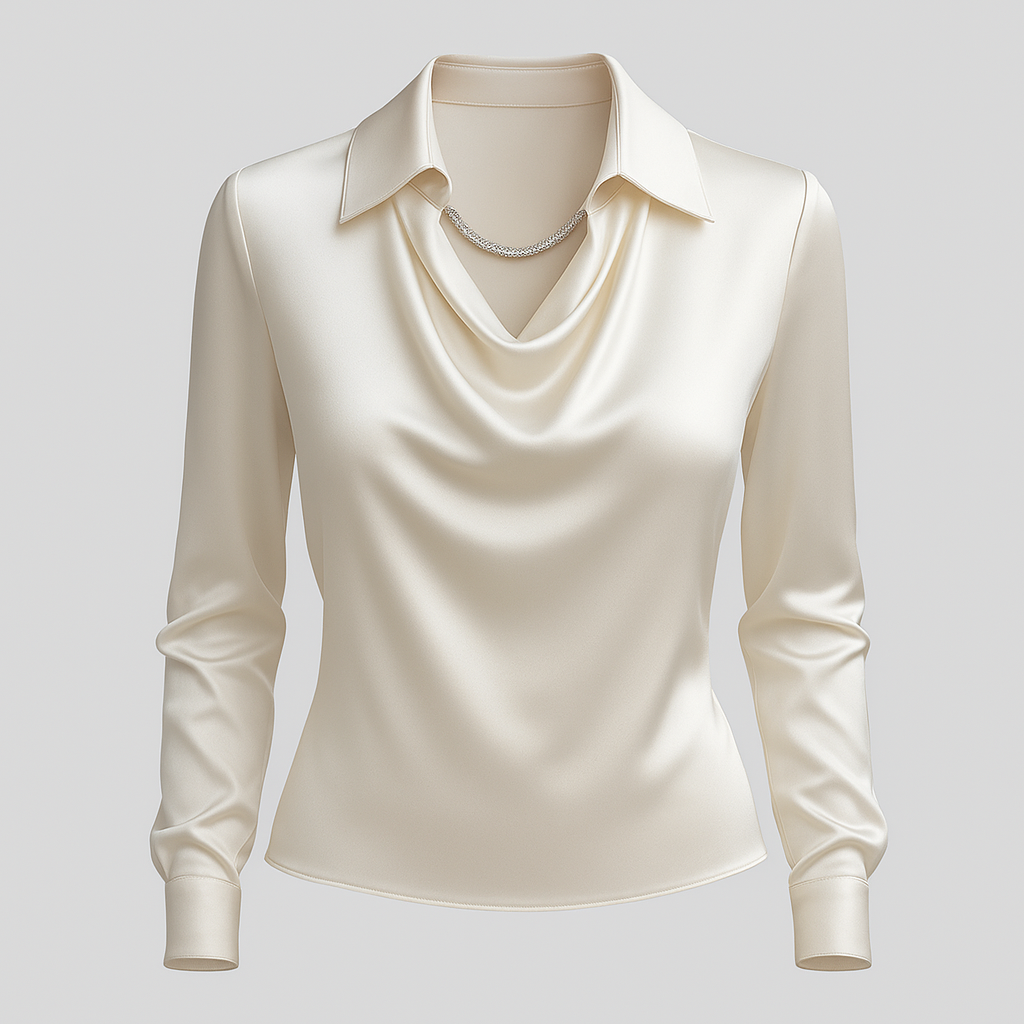 Elegant women's satin blouse with a chic waterfall neckline & long sleeves, perfect for office or evening.