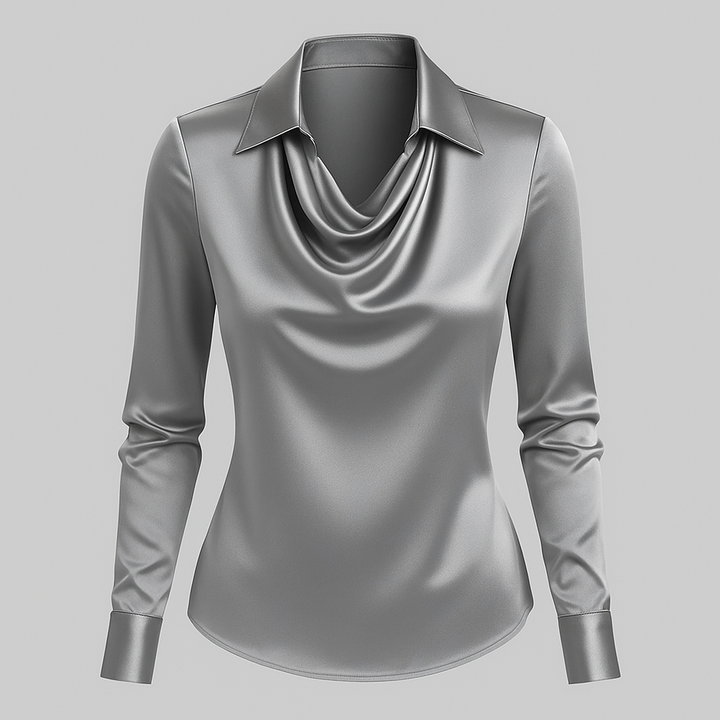 Chic women's blouse, satin fabric, elegant waterfall neckline & long sleeves for a dressy look.