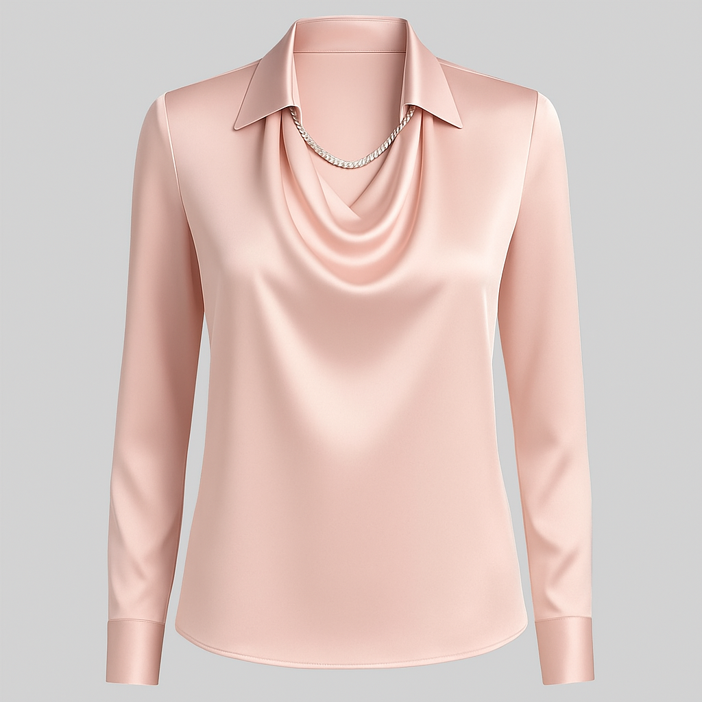 Formal women's satin top with an elegant waterfall neckline and long sleeves, showcasing sophisticated style.