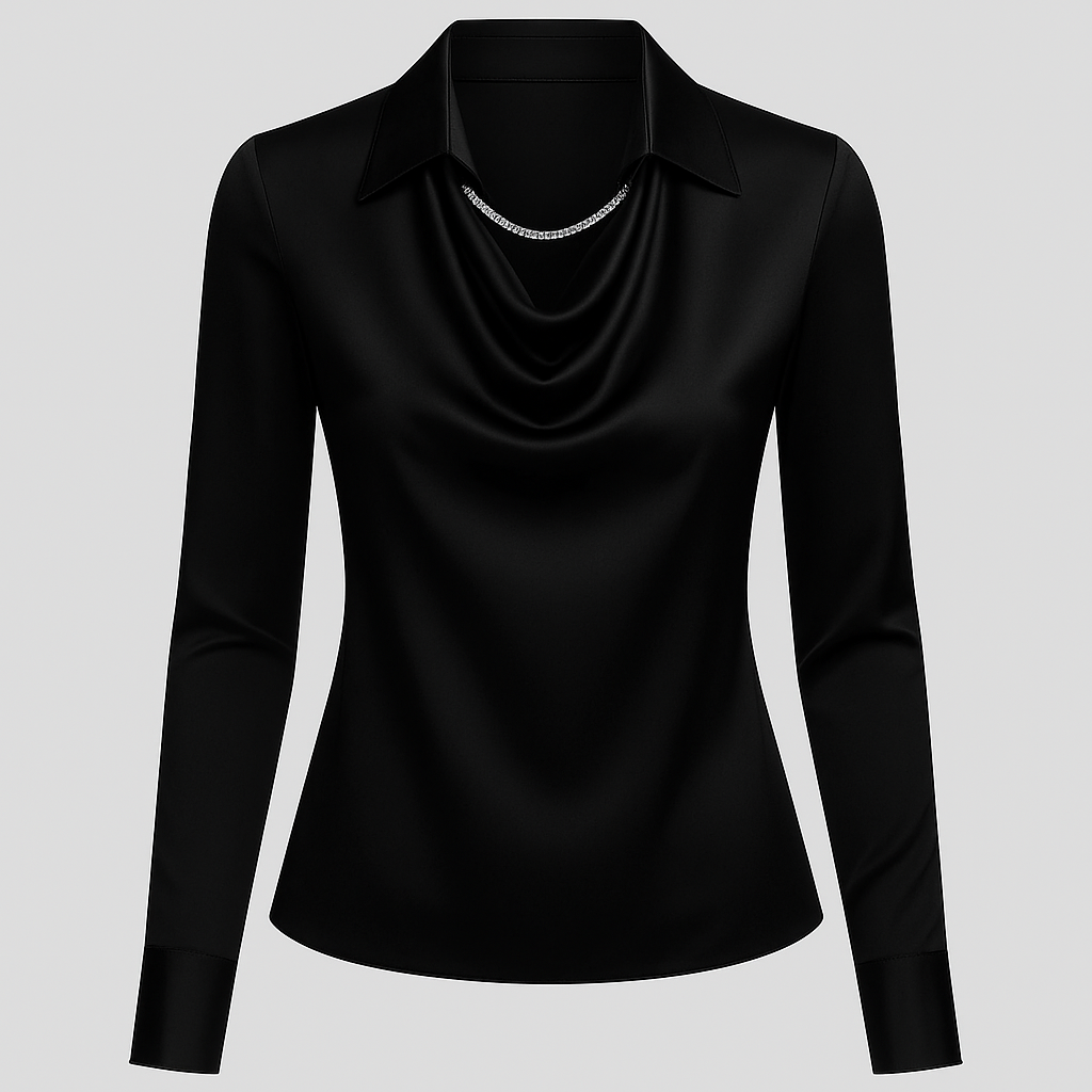 Dressy women's waterfall neck blouse, long sleeves, luxurious satin texture, a sophisticated fashion choice.