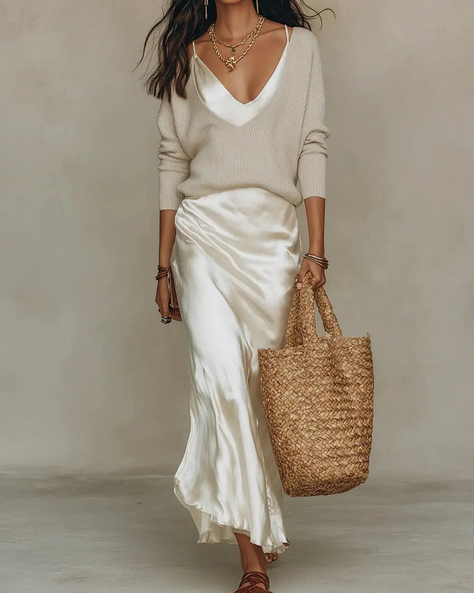 Autumn women's fashion: Cozy jumper & elegant V-neck satin midi slip dress. Versatile two-piece set for a layered style.