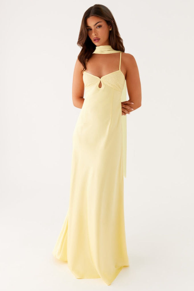 Elegant women's satin V-neck maxi dress with adjustable tie back detail.