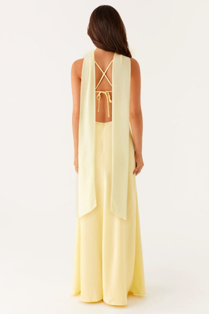 Stylish women's formal satin dress, V-neck design with a sophisticated tie back.