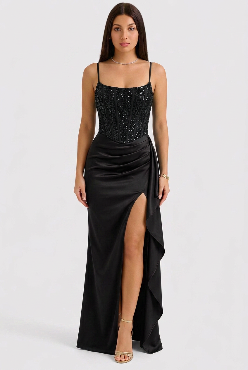Elegant women's sequin corset evening gown, perfect for glamorous formal events & parties.