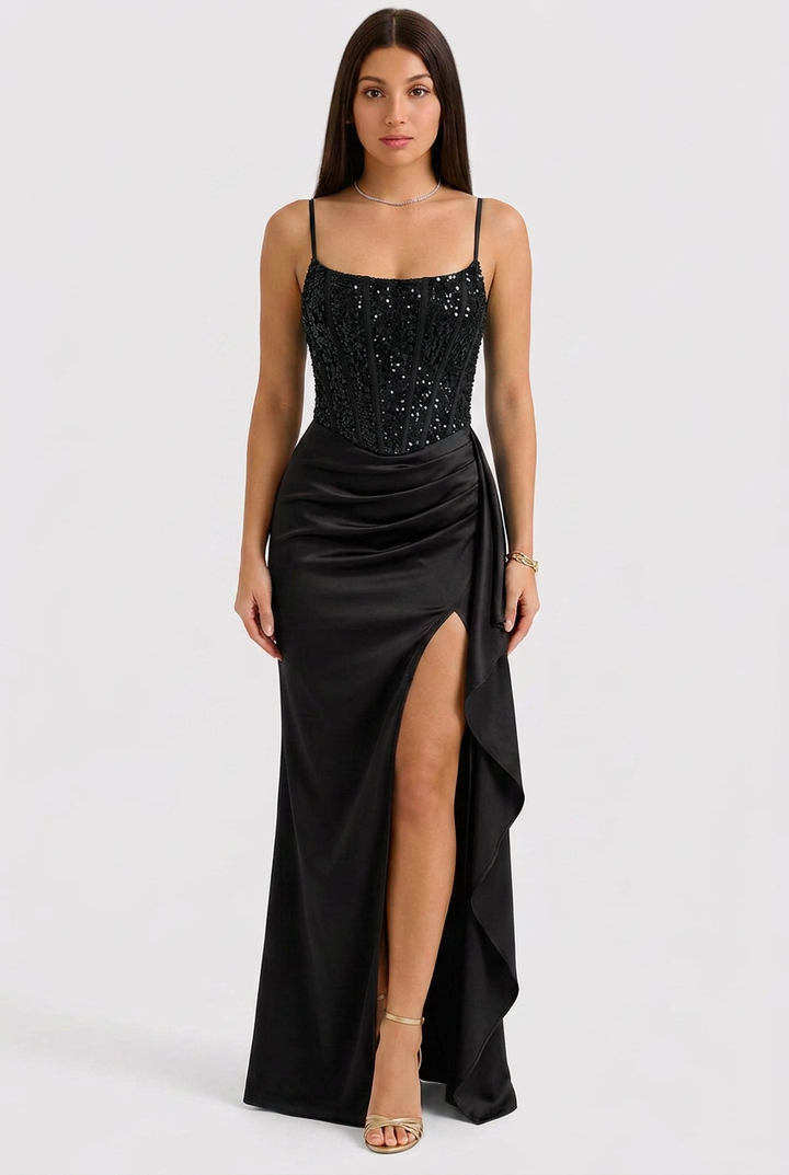 Elegant women's sequin corset evening gown, perfect for glamorous formal events & parties.