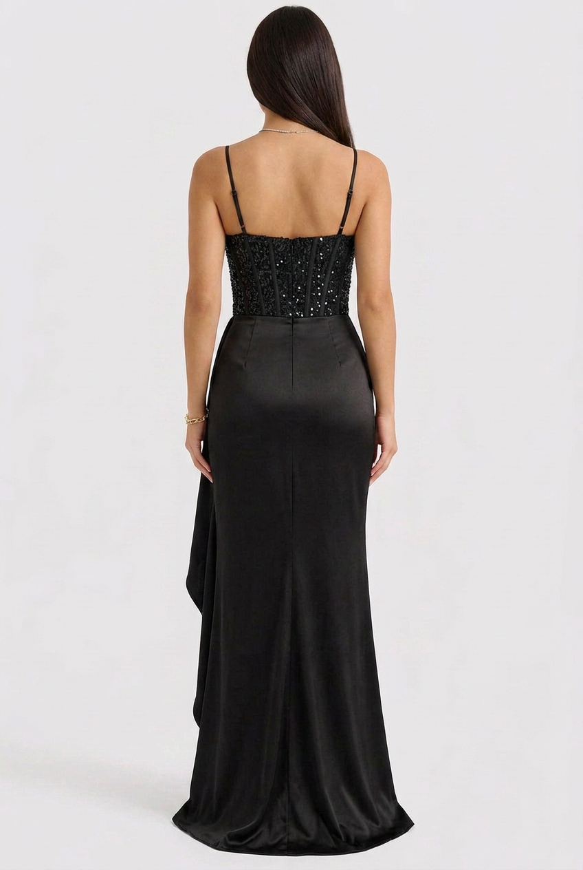 Elegant burgundy sequin long dress with a corset, perfect as a formal gown or party dress for women.
