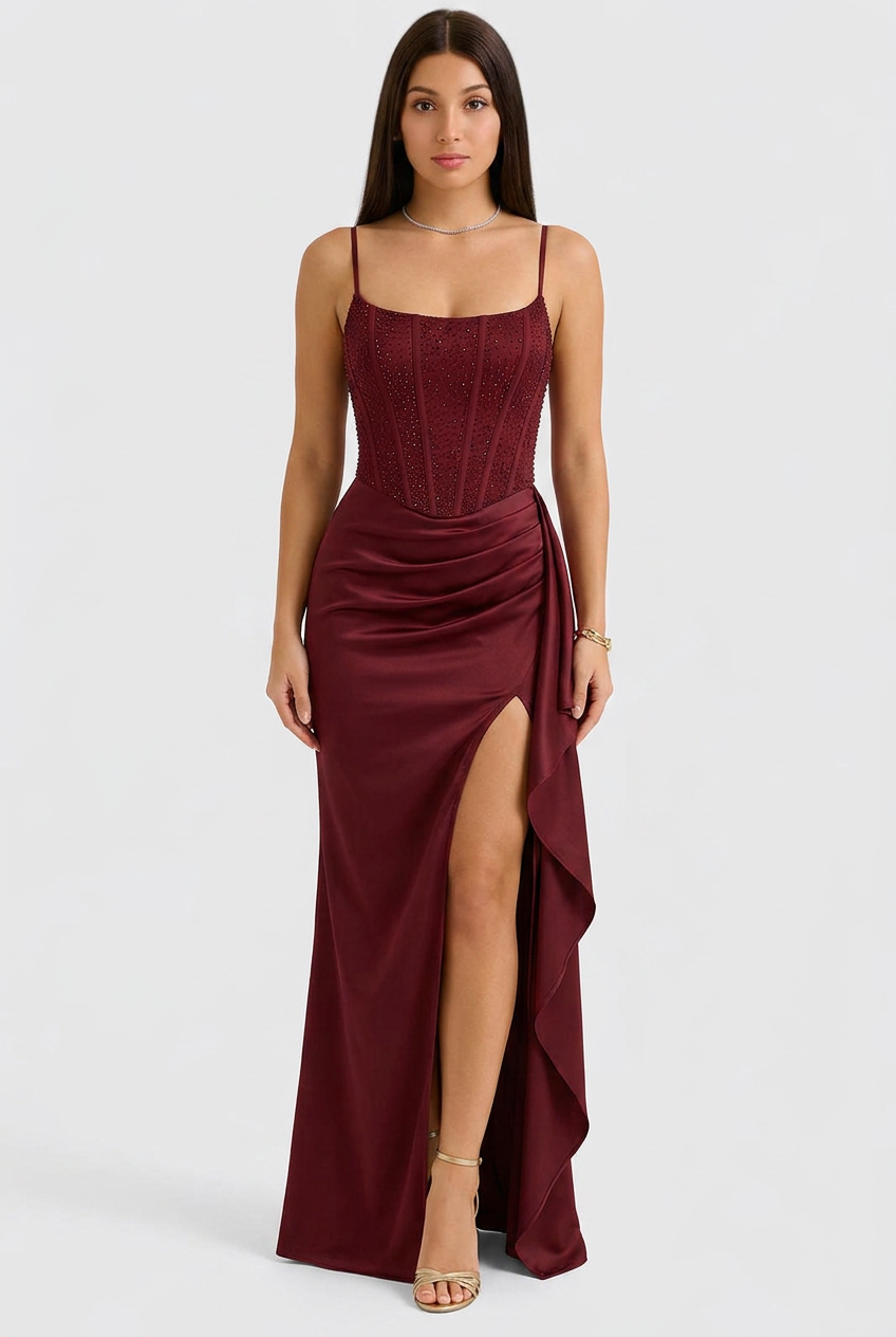 Women's long sequin evening dress with a structured corset, offering an elegant and glamorous look.