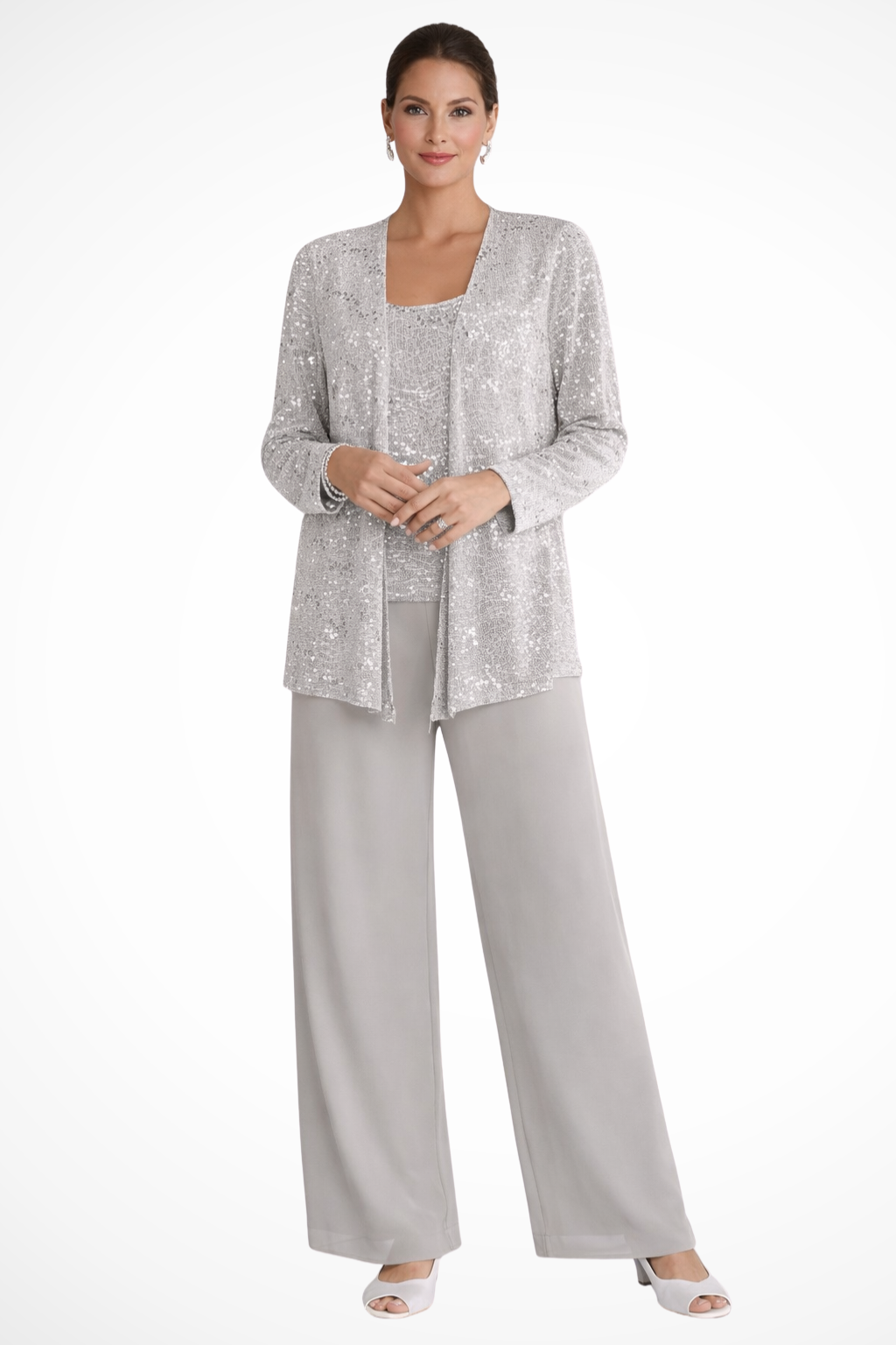 Elegant women's sequin lace jacket & wide leg trouser suit for formal occasion wear.
