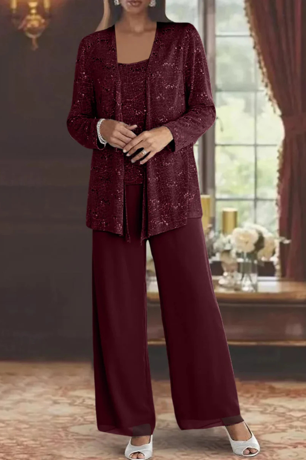 Sequin lace jacket, elegant top, & wide leg trousers; a three-piece formal women's suit.