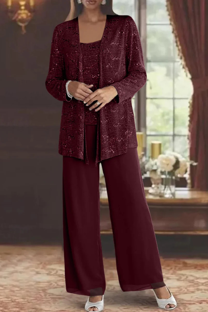 Sequin lace jacket, elegant top, & wide leg trousers; a three-piece formal women's suit.