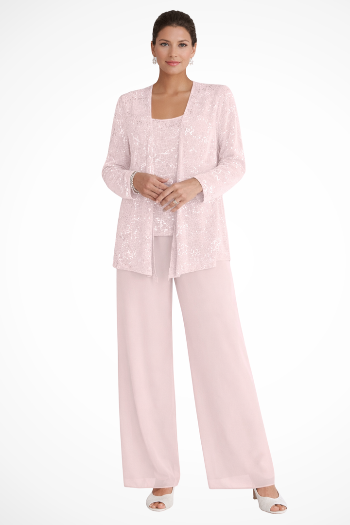 Formal women's trouser suit with sequin lace jacket and elegant wide leg pants.