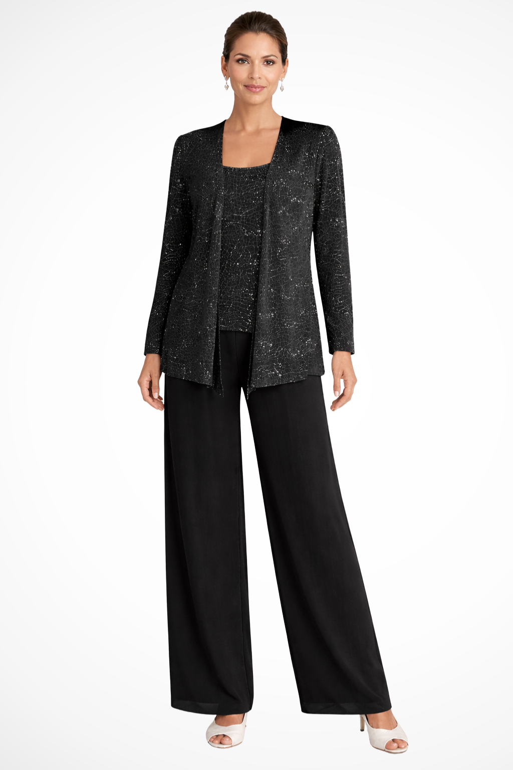 Chic three-piece women's trouser suit with sequin lace jacket for special events.