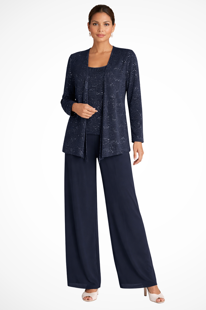 Wedding guest trouser suit: women's sequin lace jacket & wide leg pants for evening.