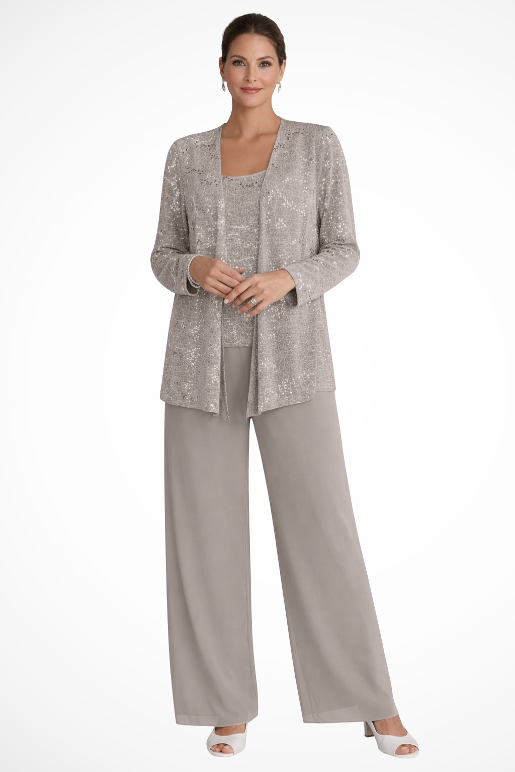 Intricate lace detail on a women's formal jacket, part of a wide leg trouser suit.
