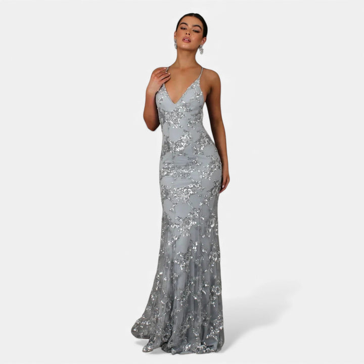 Long sparkly sequin maxi dress, a stunning women's evening gown for galas and celebrations.