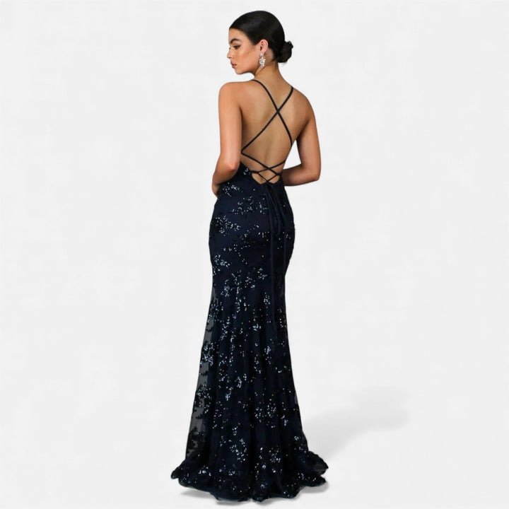 Women's formal sequin maxi dress, a glamorous long evening gown for cocktails, parties, & events.