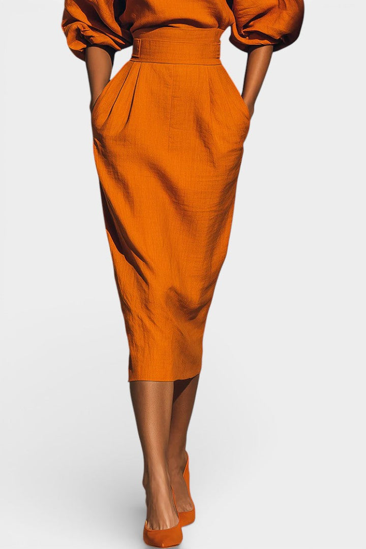 Autumn fashion: Smart casual women's midi sheath dress with unique lantern sleeves & tapered hem.