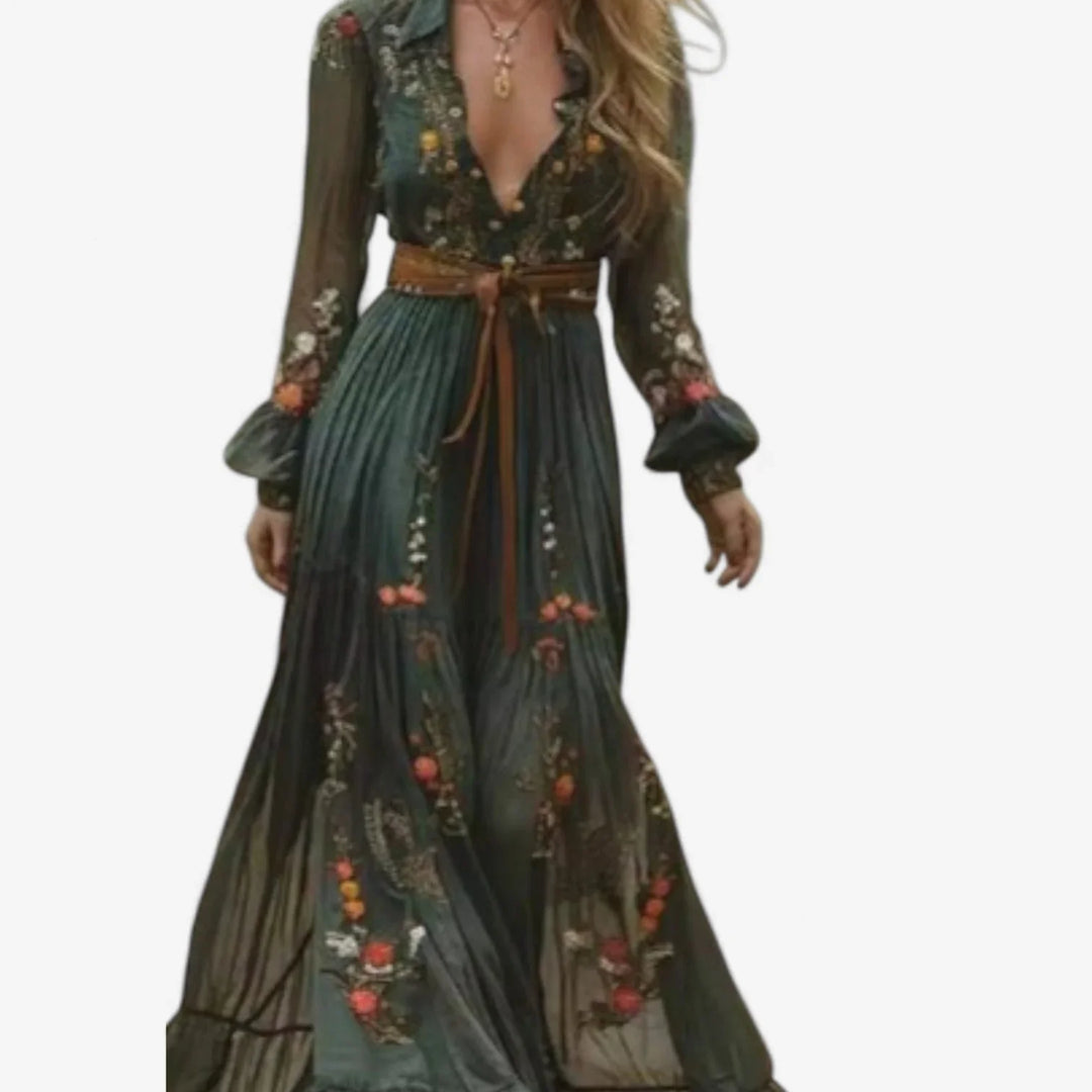 Beautiful women's floral embroidered sheer maxi dress with V-neckline & bishop sleeves, perfect for spring/summer.
