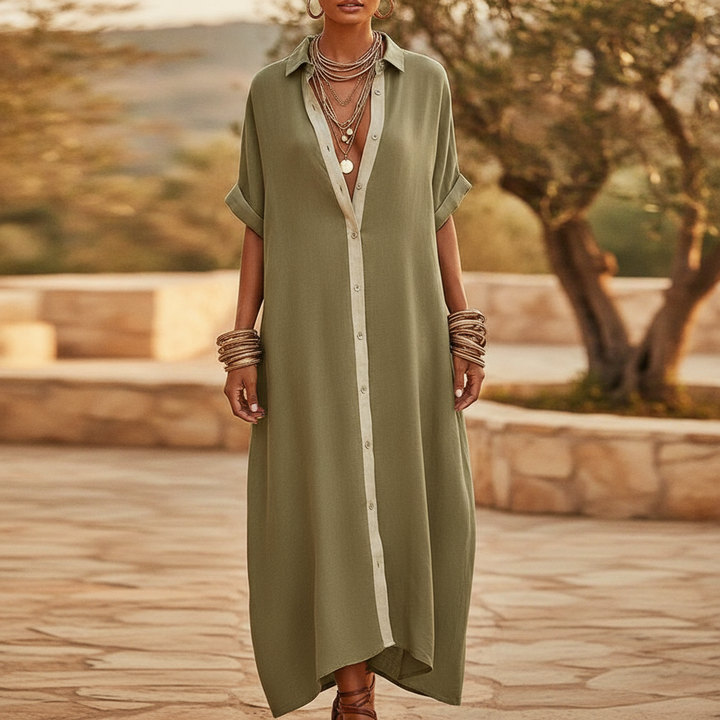 Elegant women's short sleeve collared maxi shirt dress, perfect for summer casual or holiday outfits.