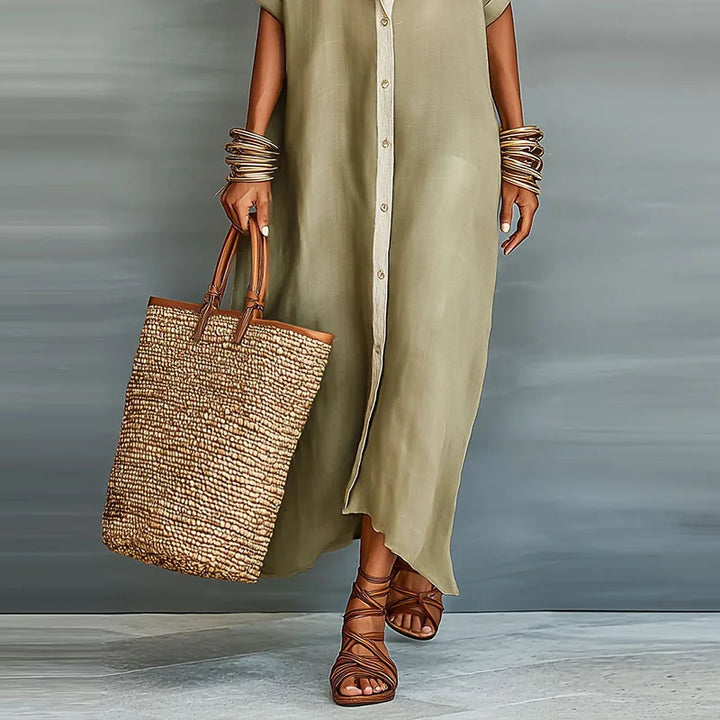 Women's short sleeve collared maxi shirt dress with button-up front. Elegant, comfortable, versatile summer style.