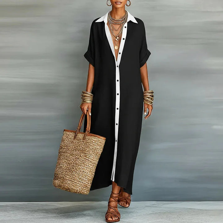 Elegant & comfortable women's short sleeve collared maxi shirt dress. Perfect button-up summer dress.