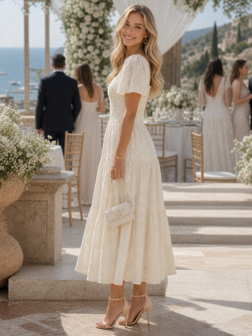 Flowy women's midi dress with delicate floral texture, short sleeves & square neck. Ideal for summer parties & elegant events.