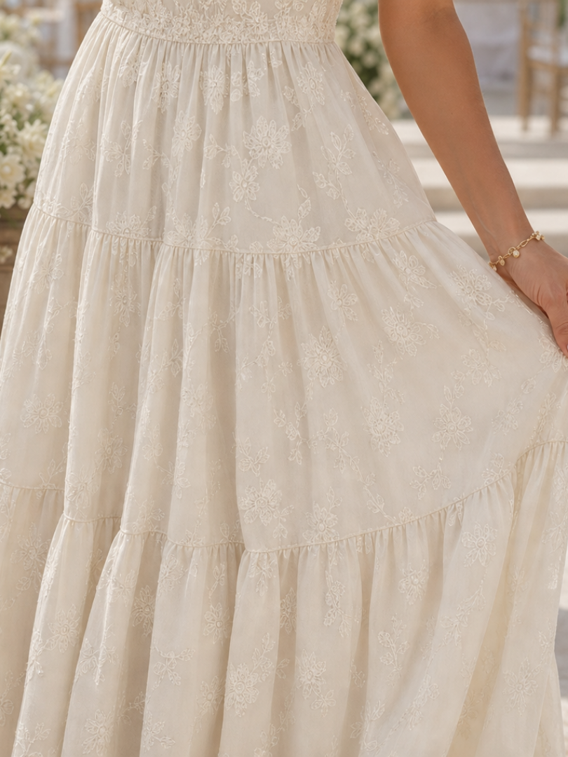 Textured floral midi dress for women, featuring short sleeves, a stylish square neck & comfortable flowy tiered skirt.