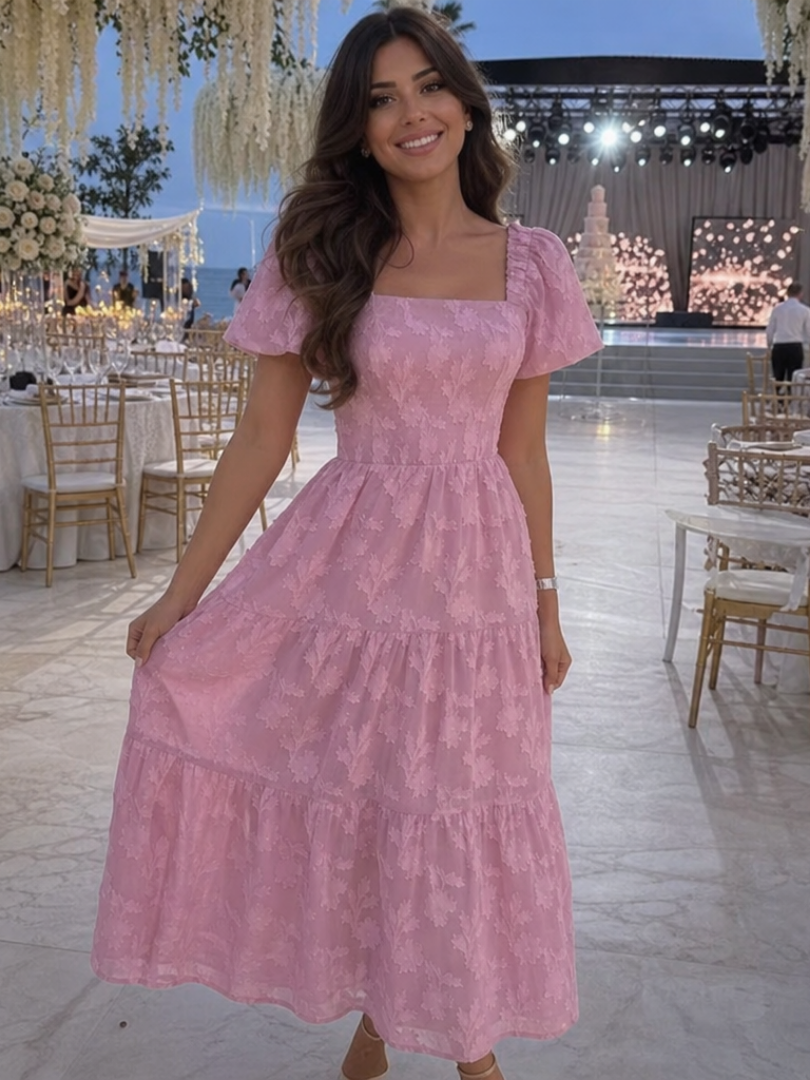 Stylish women's short sleeve floral midi dress with an elegant textured fabric, square neckline, and a flowy tiered skirt.
