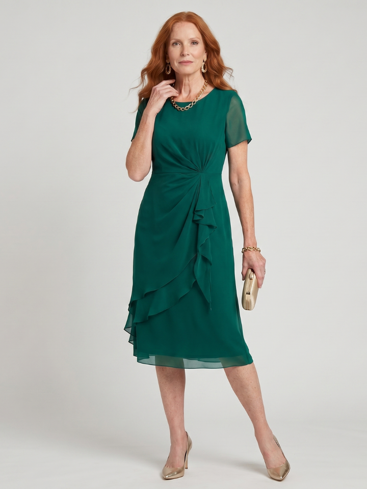 Navy blue elegant short sleeve midi dress for women, featuring a beautiful layered hem and twist waist.