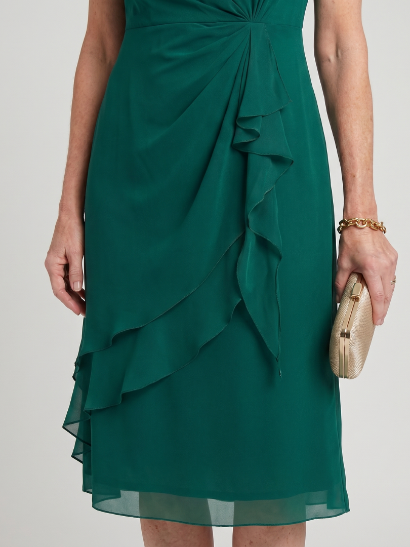 Sophisticated red women's midi dress, short sleeves, elegant layered hem. Great for a chic occasion.
