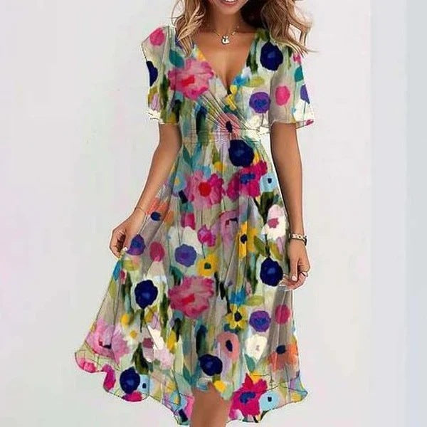 Elegant women's floral printed midi dress, short puff sleeves, V-neck, and chic asymmetrical hem. Occasion wear.
