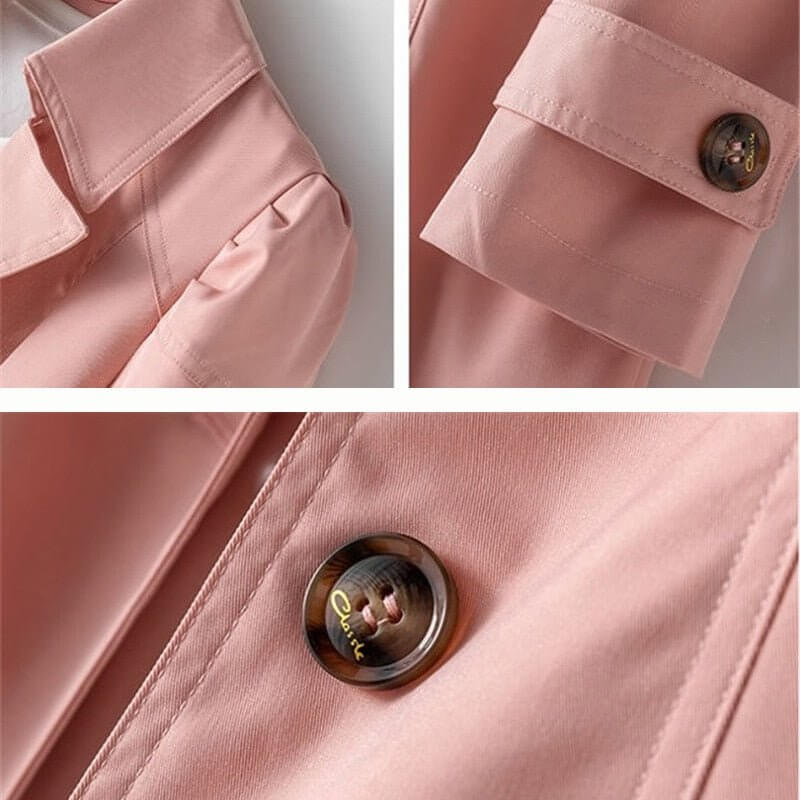 Stylish women's single-breasted trench coat with lapels. Elegant long outerwear for fall & spring fashion.