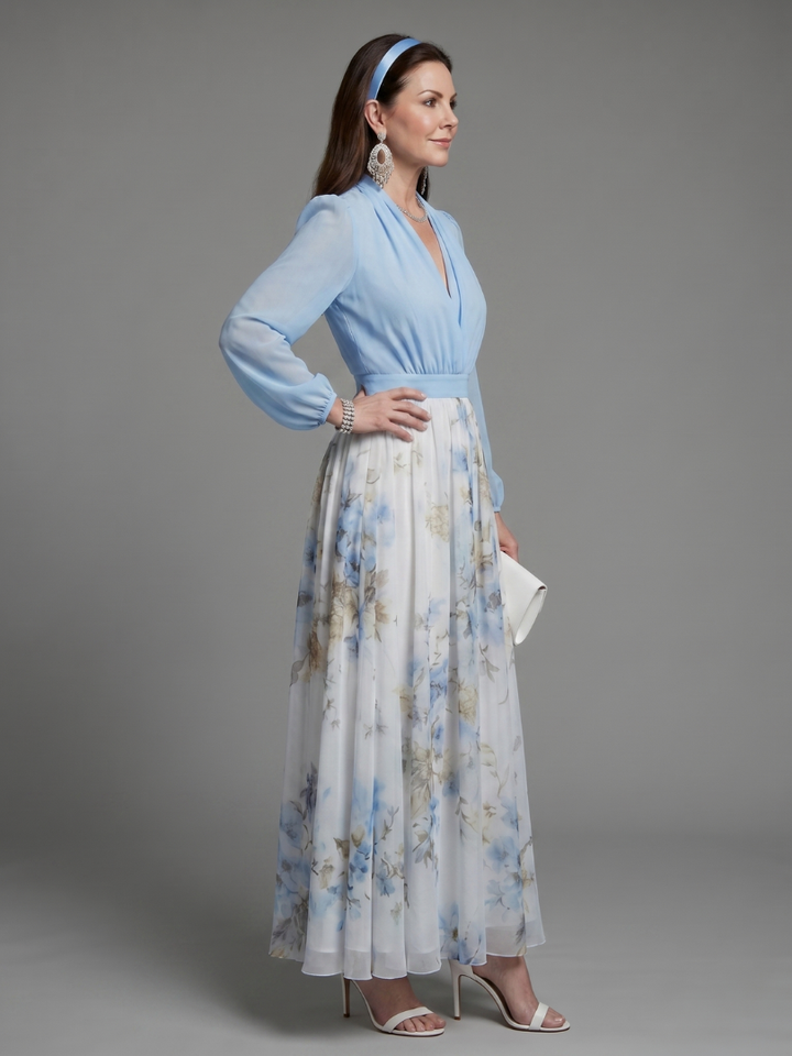Women's formal sky blue floral maxi dress featuring a V-neck and sheer long sleeves, perfect for summer events.