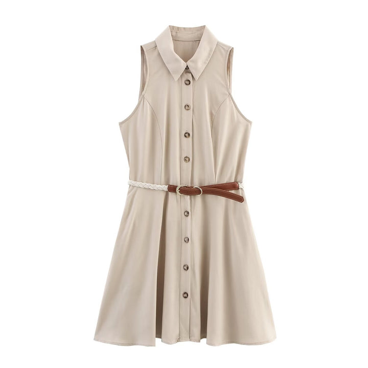Versatile beige sleeveless mini shirt dress for women, featuring a trendy button front. Ideal for day, casual, or office.