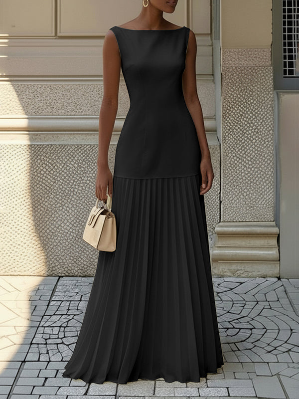 Stylish women's sleeveless pleated maxi dress with boat neck and drop-waist, a chic choice for evening parties.