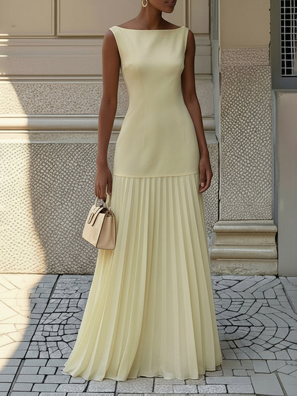 Long elegant women's sleeveless maxi dress with a boat neck and pleated drop-waist, perfect for formal wear or weddings.